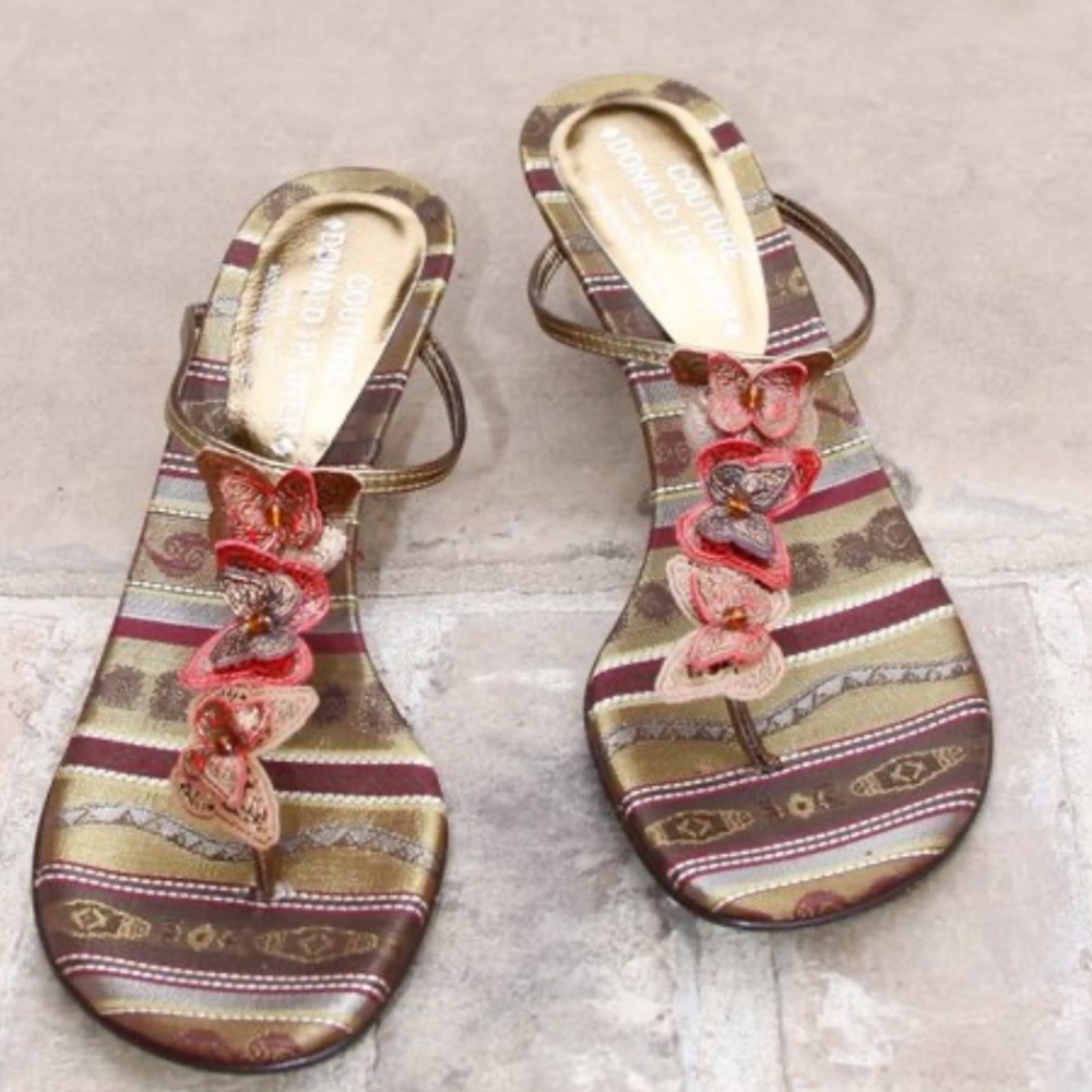 Donald J. Pliner Brown Gold Striped Leather Sandals with Pink Red Floral Accents